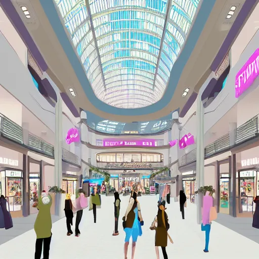 Prompt: digital illustration of a mall atrium in pastel colors