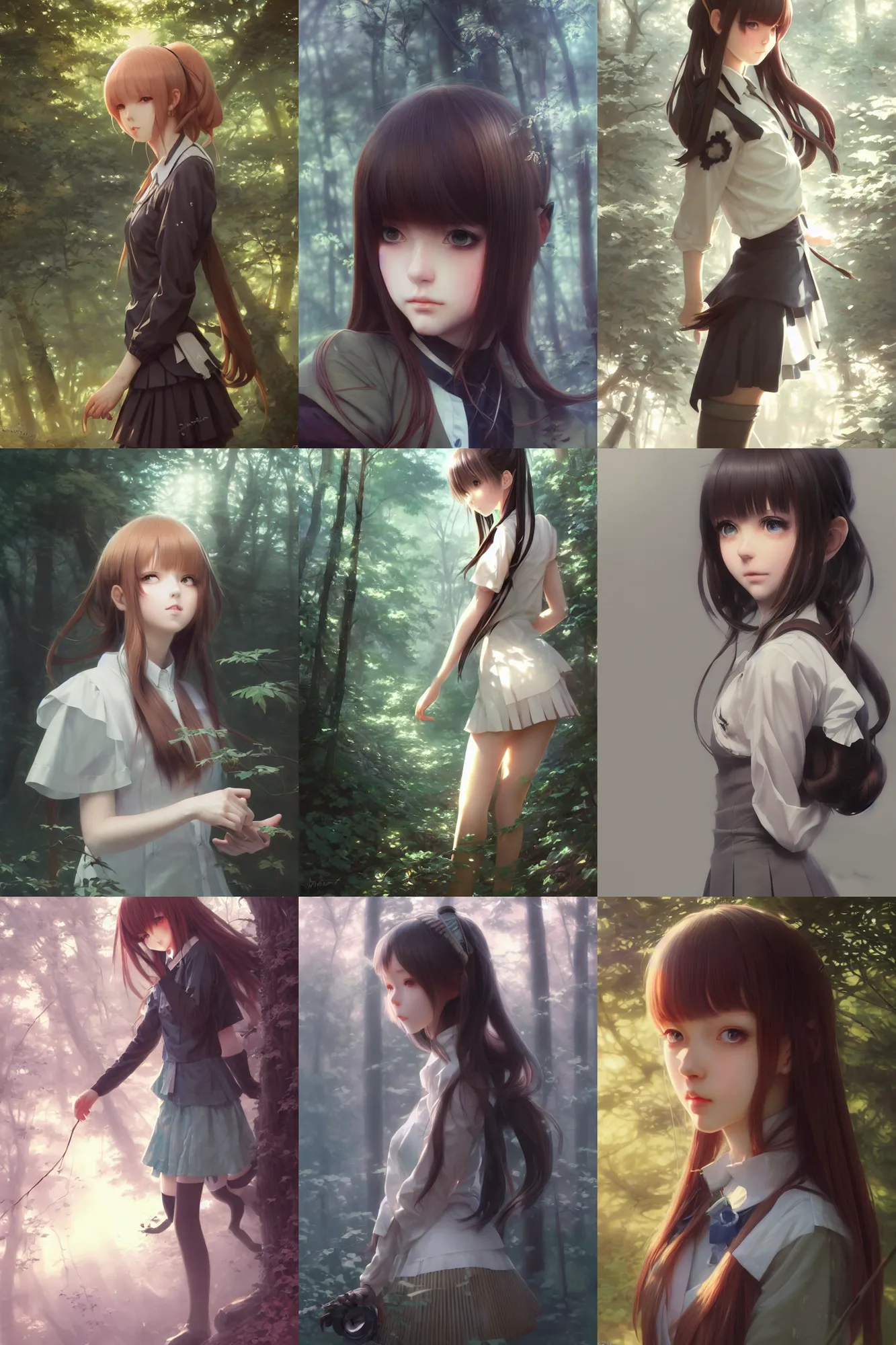 Prompt: ultra realistic beautiful forest clearing techno art, beautiful alluring anime school girl, sci - fi, fantasy, intricate, elegant, highly detailed, digital painting, artstation, concept art, smooth, sharp focus, illustration, art by artgerm and greg rutkowski and krenz cushart and tian zi and ilya kuvshinov