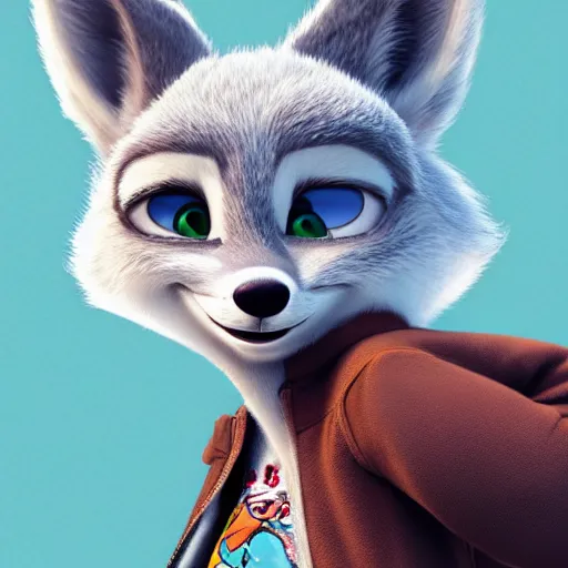 Prompt: upper half portrait, of a anthropomorphic female snow fox, with short fur covering her body and silver eyes, wearing a denim jacket, in the style of zootopia, far shot,