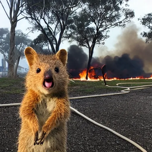 Image similar to a quokka laughing while a house is on fire in the background