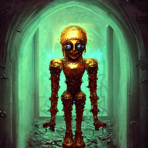 Prompt: glass golem, gothic art, popping color, detailed, eerie, emotional, gothic, highly detailed, incredibly sharp focus, Artstation, deviantart, artgem, insane detail, intense color, vibrant cartoon art, award-winning art, super precise detail, golden ratio, in the style of Heavy Metal Comics