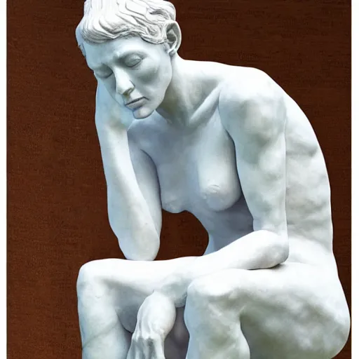 Image similar to sculpture of cate blanchett ,the thinker, by Augusts Rodin,hyper detailed, photorealism