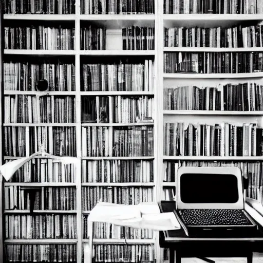 Image similar to painting of an apartment own by a writer, a lot of books on the shelves, desk with typewriter on it, one windows with gentle light