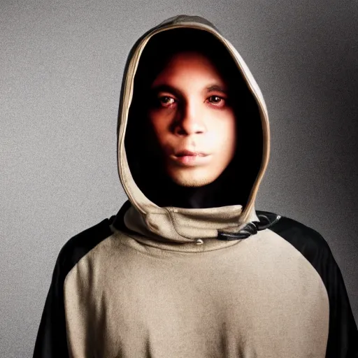 Image similar to medium shot 3 / 4 portrait of a hooded human whose been surgically embellished with computer circuitry and devices, piercing glare in the eyes, dark bokeh in background, light from top right, diverse textures