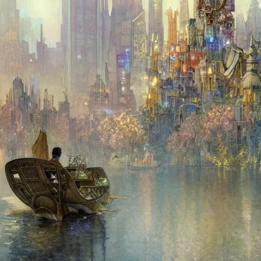 Image similar to a beautifull intricate watercolour painting of a floating ciberpunk cityscape with many flowers, reflexions, verry high details by william turner art, greg rutkowski and alphonse mucha, trending on artstation, very very detailed, masterpiece, - h 7 0 4