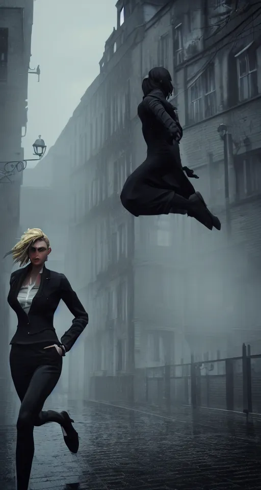 Image similar to beautiful model annie leonhart running on high heels with open toe in dunwall city, beautiful face, detailed face, cinematic lighting, rainy weather, melancholy atmosphere, volumetric light, octane render, dishonored 1, gothic architecture, realistic reflections, octane render 8 k, model agency