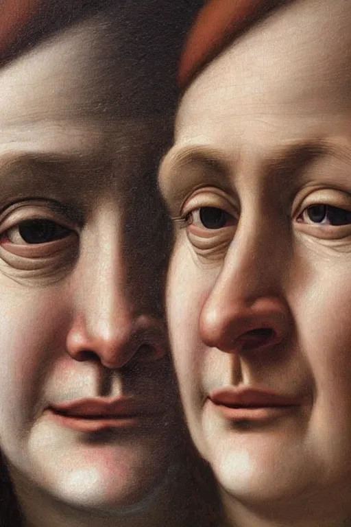 Prompt: hyperrealism close-up portrait Face is half old and half young in style of da Vinci