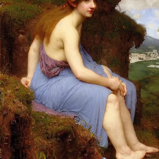 Prompt: a renaissance oil painting by alma tadema of a woman with skye blue clothes turned back on a stone balcony covered in moss with over shoulder view on desolated ruins of a city, colourful pastel artstation greg rutkowski, detailed academic bouguereau, sharp focus