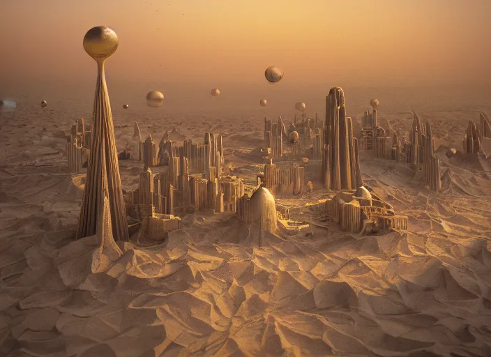 Image similar to cover concept art of the lost sand city, levitating sand, ground view, golden towers, golden pillars, palm trees, space and time, floating objects, post-processing, in the style of Hugh Ferriss, Behance, Artgerm. High detail, ultra realistic render, octane, 3D, photorealism, symmetric, cinematic