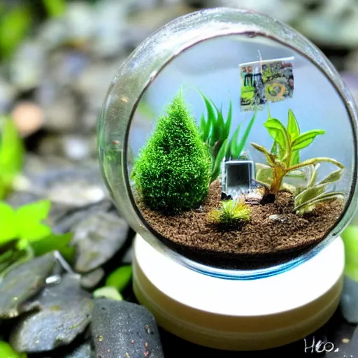 Image similar to a cute tiny world in a closed terrarium