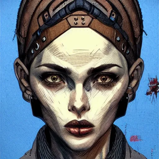 Image similar to intricate portrait, pure skin, 1 mm short blue hair, in the style of enki bilal!