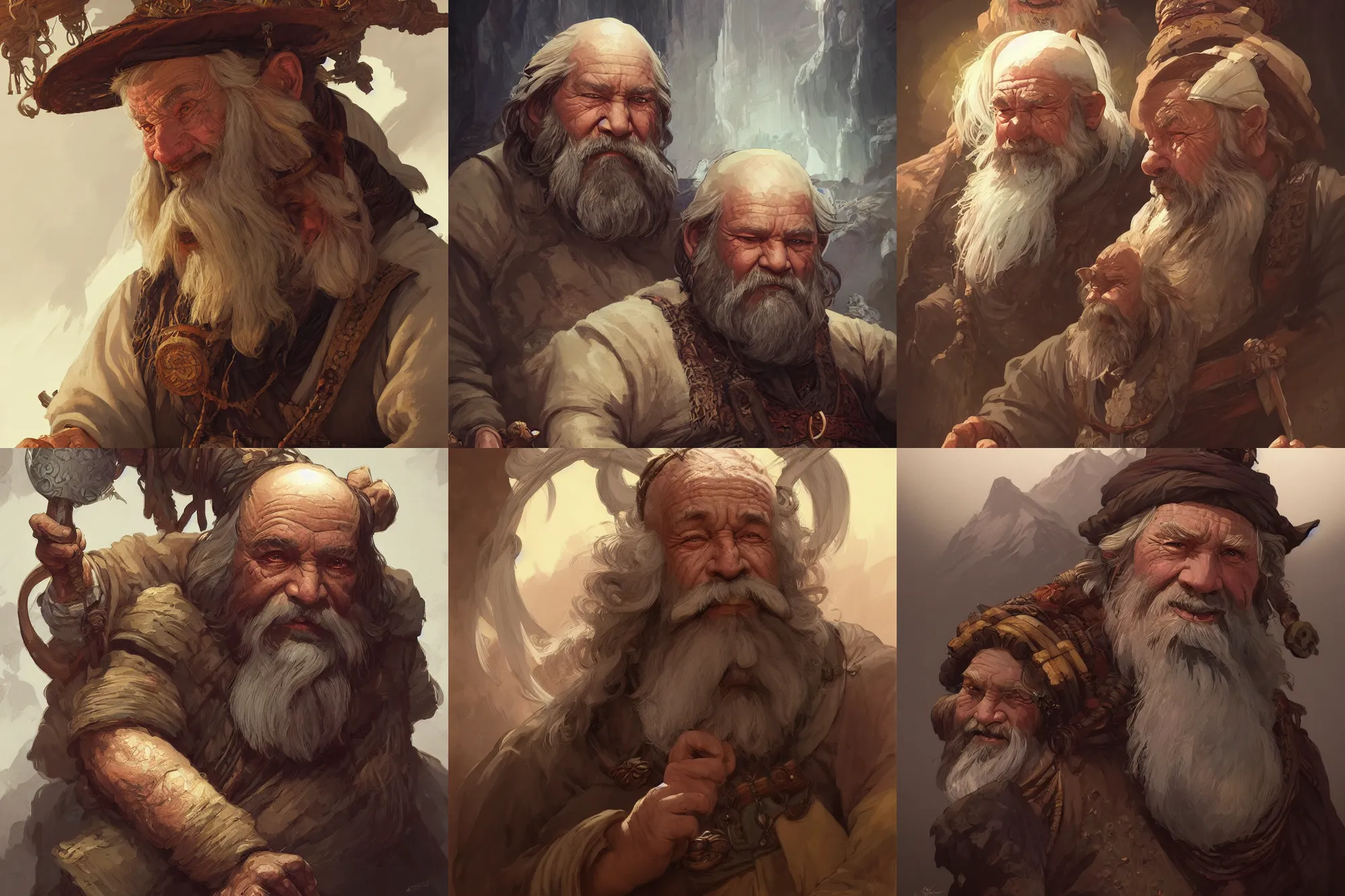 Prompt: elderly mountain dwarf merchant, portrait, D&D, fantasy, highly detailed, digital painting, artstation, concept art, sharp focus, smooth, illustration, art by artgerm and greg rutkowski and alphonse mucha and craig mullins