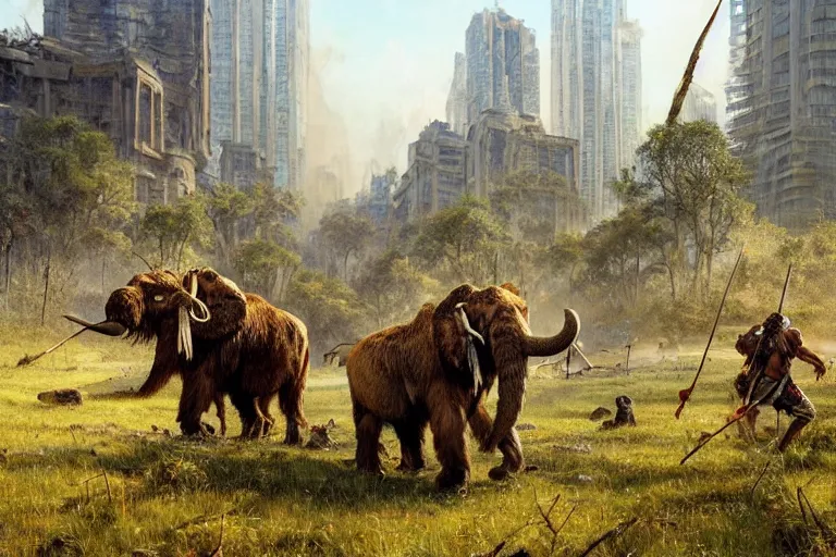 Prompt: epic scene of prehistoric hunter gatherers hunting wooly mammoth with spears in ancient ruins of decayed skyscrapers, overgrown with vegetation, grass, trees, autumn season, clear and beautiful sunny weather, epic feels, high details, oil painting by greg rutkowski and craig mullins, 8 k