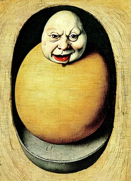 Image similar to carton of eggs with round humpty dumpty silly facial expressions, realistic, by hieronymus bosch and pieter brueghel