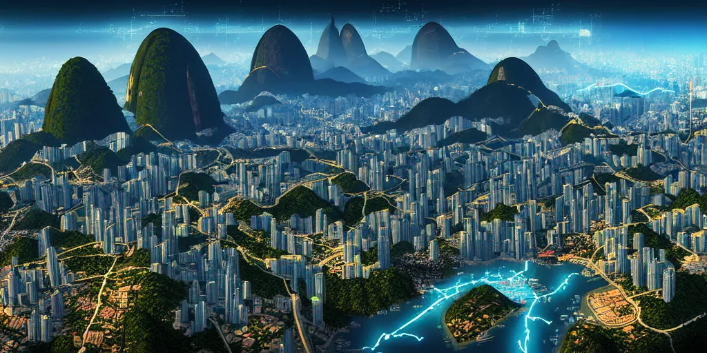 Prompt: Rio de Janeiro in Cyber Punk 2077, highly detailed digital art