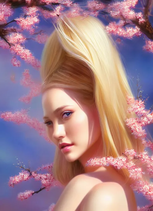 Image similar to photo of a gorgeous blonde female in the style of stefan kostic, realistic, half body shot, sharp focus, 8 k high definition, insanely detailed, intricate, elegant, art by stanley lau and artgerm, extreme blur cherry blossoms background