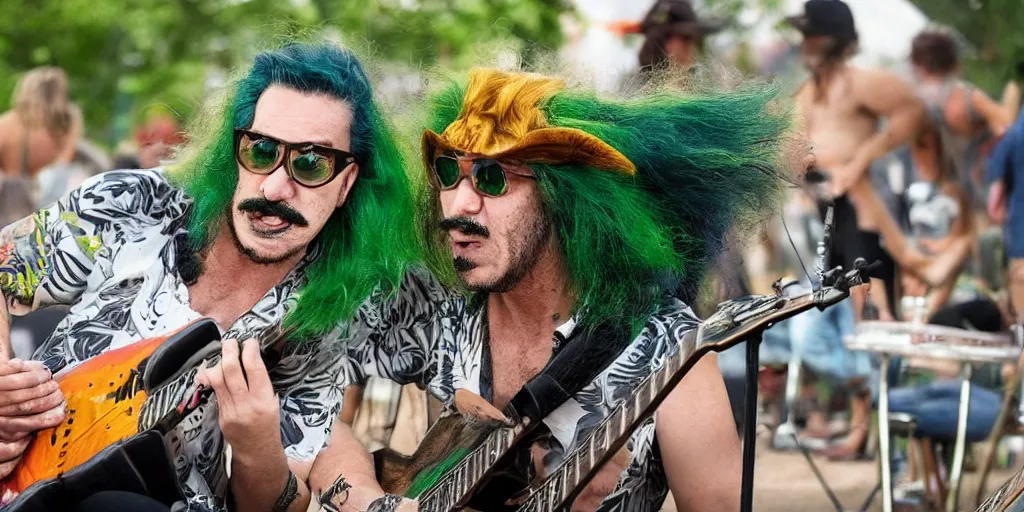 Prompt: a green-haired, funky, rustic, gentle metro dingo man with a Salvador Dali moustache mixes a band in the park