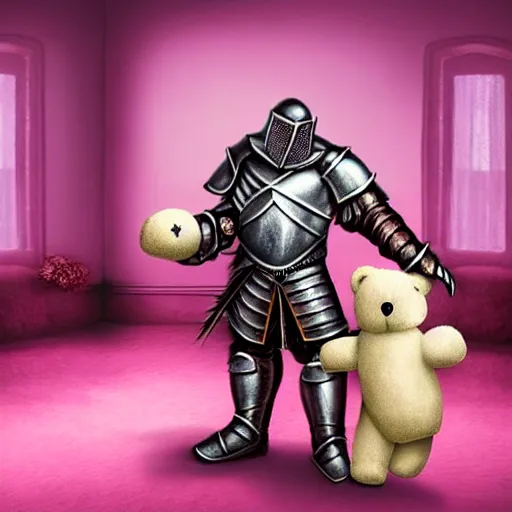 Image similar to a medieval fantasy knight holding a teddy bear inside a pink bedroom, matte oil painting, d & d, sharp focus, award - winning, extremely detailed, 4 k, 8 k