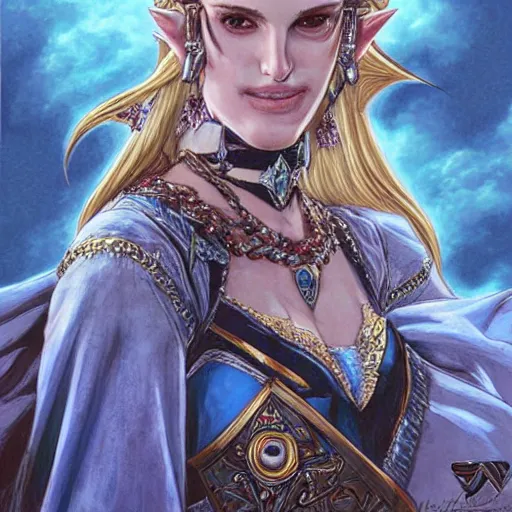 Prompt: portrait of natalie portman as princess zelda, illustrated by ayami kojima, highly detailed