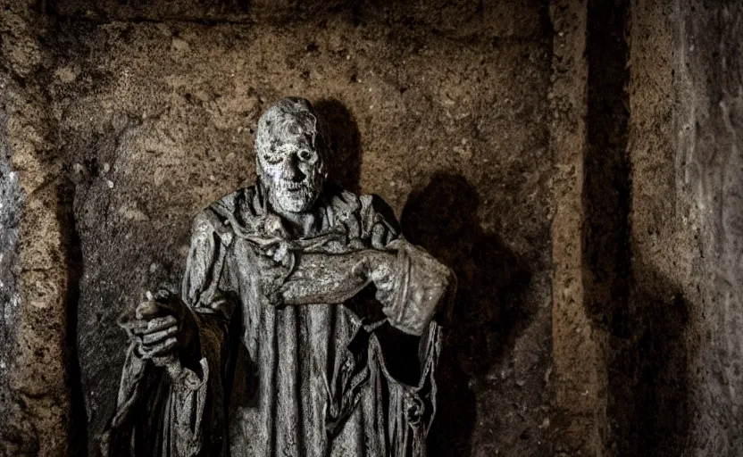 Image similar to decrepit creepy statue of the archangel gabriel staring at the camera, in the middle of a cavernous dark old catacomb, realistic, pitch black, depth of field, wide shot, sinister, bad lighting, foreboding, blurry, grainy photo