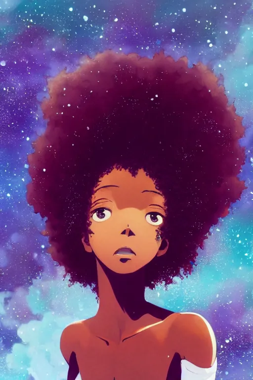 Image similar to ( a young black girl with a nebula afro ), trending on pixiv fanbox, painted by makoto shinkai takashi takeuchi studio ghibli, akihiko yoshida, yoshitaka amano, wangechi mutu, clean cel shaded vector art, illustration, hd, 8 k