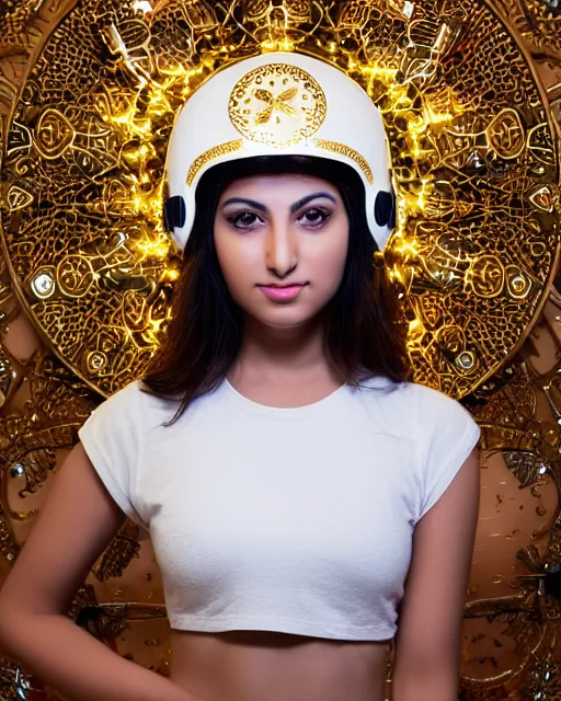 Image similar to centered medium shot fine studio photograph of a beautiful persian girl wearing a persian solarpunk electronic helmet with led lights decorated with golden ornaments, ultra-realistic, white background, 8k HDR dusk light, intricate detail