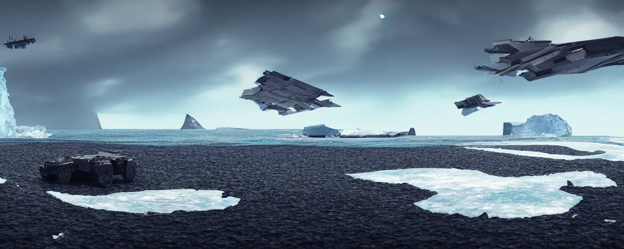 Prompt: matte painting of military spacecraft crashing into a black sand beach with icebergs in the distance, trending on artstation, octane render, hd, 8 k