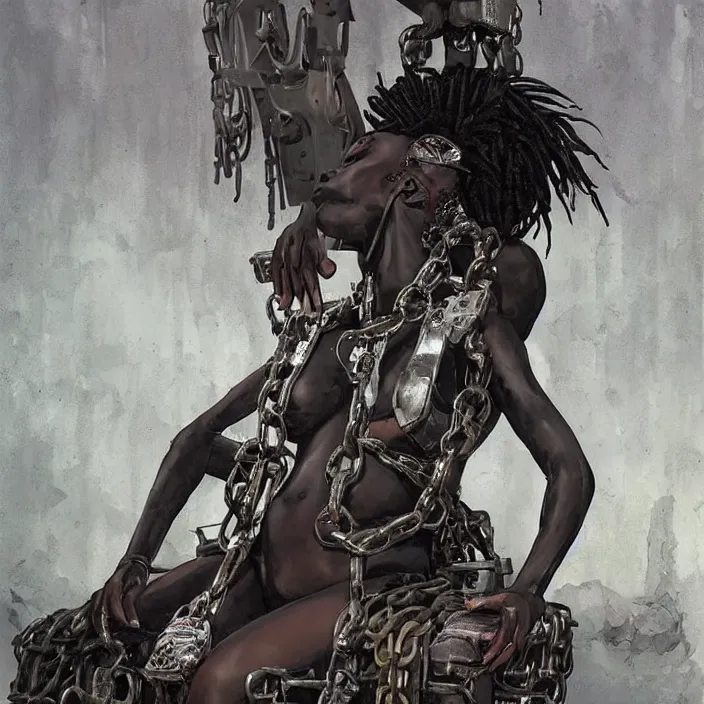 Image similar to postapocalyptic beautiful african domme mistress in her throne, full body, ebony skin, rubber and latex, chains, smooth white surroundings, smooth, concept art, realistic painting, digital art by greg rutkowski, by junji ito
