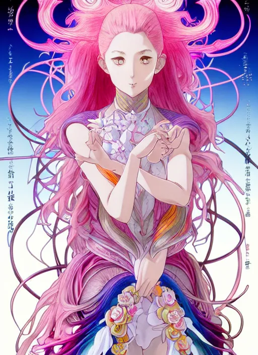 Image similar to pokemon highly detailed artgerm terada katsuya artstation manga poster of girl mechine, hajime sorayama, rainbow gradient bloom, long hair, armor, dress, laces, ruffles, 8 k, maximalist, alphonse mucha