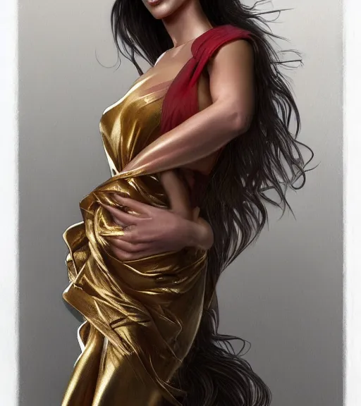 Prompt: a megan fox wearing a golden dress, grey hair, red necktie, cinematic, stunning, highly detailed, digital painting, artstation, smooth, hard focus, full body shot, illustration, art by artgerm and greg rutkowski and alphonse mucha