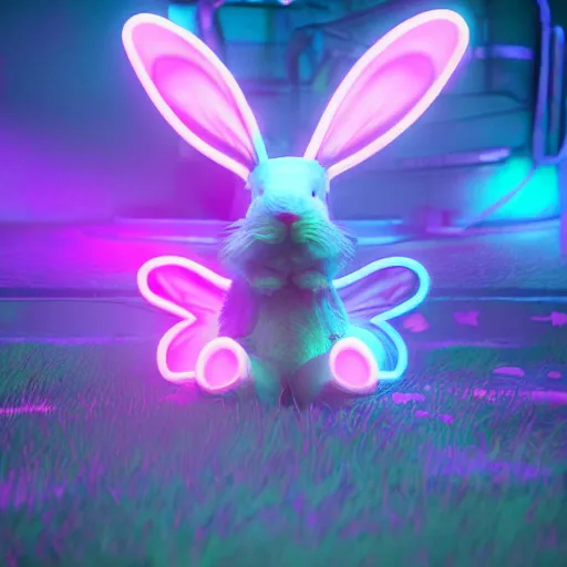 Prompt: neon fluorescent, iridescent cute bunny rabbits with fairy wings cyperpunk 2 0 7 7, unreal engine 5, 8 k ultra realistic, hyperdetailed, volumetric lighting, extremely high quality