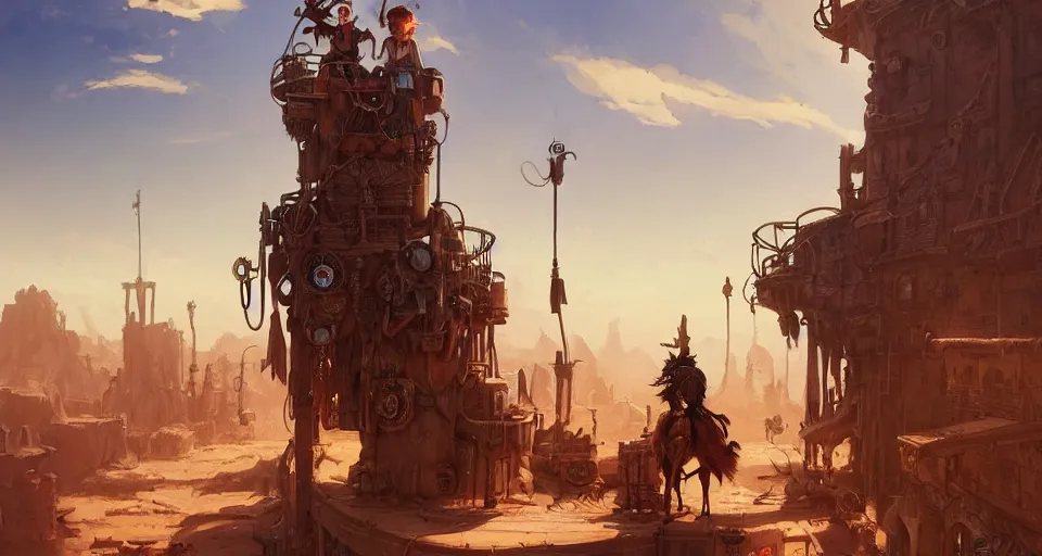 Prompt: steampunk cowboy fantasy town in the middle of a desert, in style of Greg Rutkowski, Jesper Ejsing, Makoto Shinkai, trending on ArtStation, fantasy, great composition, concept art, highly detailed, scenery, 8K, Behance.