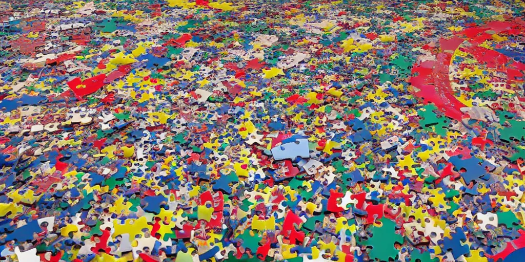 Prompt: a giant jigsaw puzzle being put together by tiny people