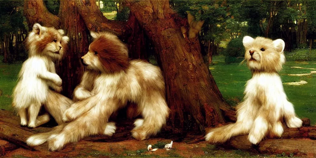 Image similar to 3 d precious moments plush animal, realistic fur, mythology, daily life, master painter and art style of john william waterhouse and caspar david friedrich and philipp otto runge