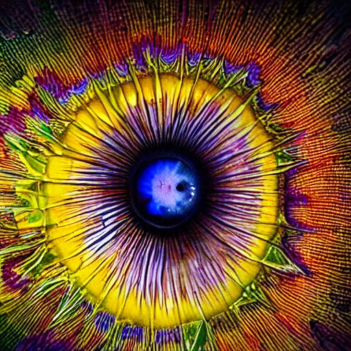 Image similar to closeup of iris of an eye, colorful, hyper - detailed, sharp, macro, realistic, psychedelic