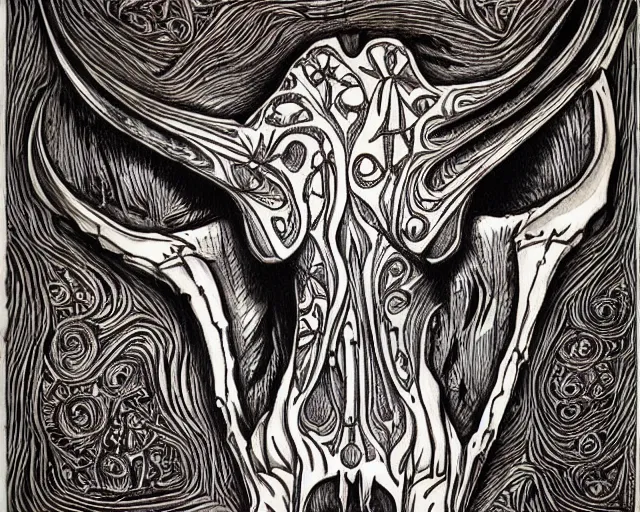 Image similar to Longhorn Skull, skull bone carved with patterns, wild wild west, tritone, mixed media, fine linework, pen and ink, symmetry