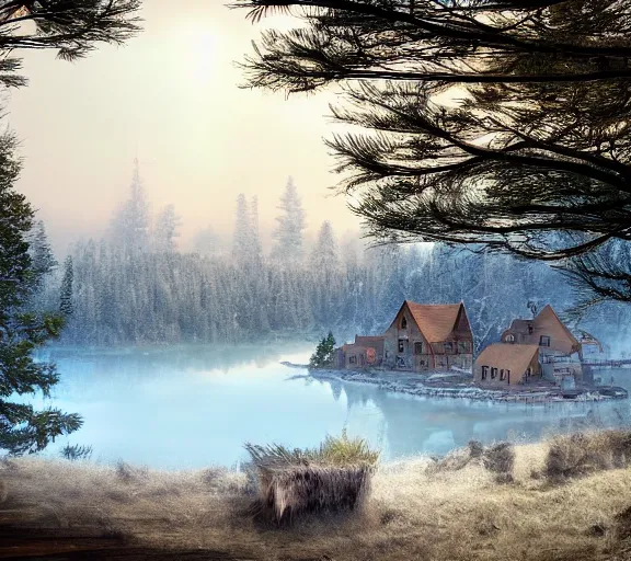 Prompt: a viking village in December, overlooking a horseshoe bay. Smokey morning and pine forest. Trending on artstation. By John Avon.