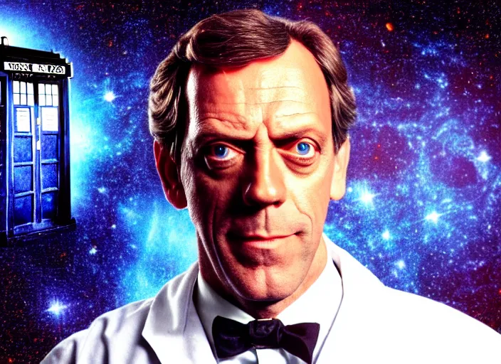 Image similar to product photo still of vhs cover of hugh laurie as doctor who in front of a nebula through the open door of the tardis on a vhs box