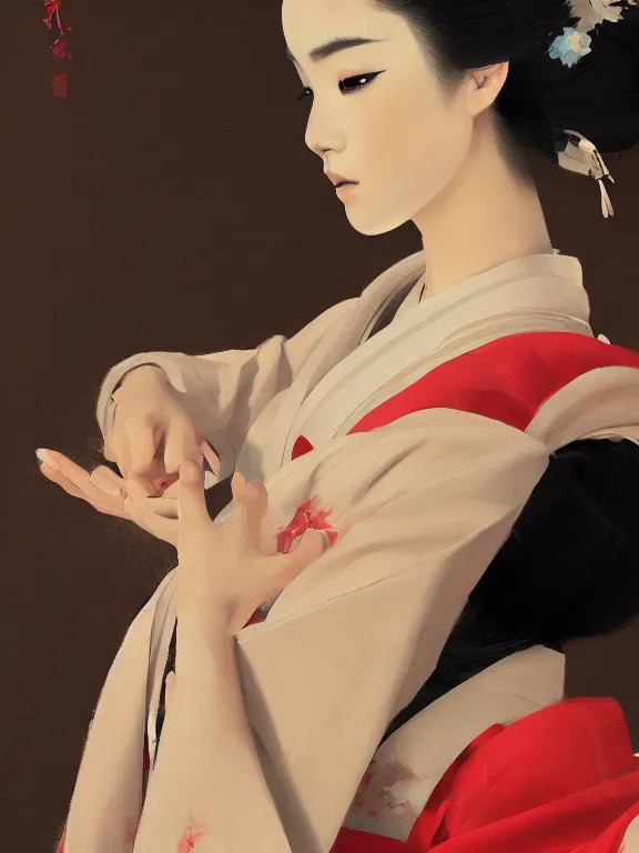 Prompt: an ultradetailed beautiful portrait painting of a geisha dancer, side view, oil painting, high resolution, by ilya kuvshinov, greg rutkowski and makoto shinkai