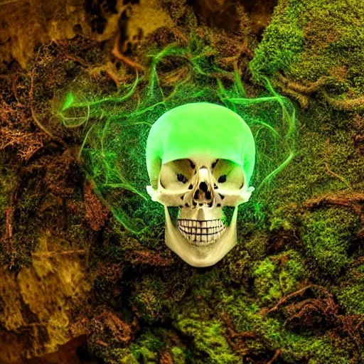 Prompt: A skull being covered in moss, with a projector beam emitting from the left eye socket, the skull has wisps of smoke surrounding it, rear view cinematic lighting