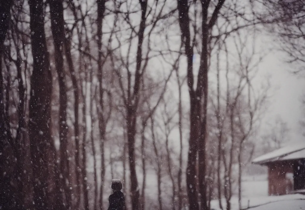 Image similar to lomo photo of a female silhouette standing in front of a wooden cottage in the snow, cinestill, bokeh, out of focus, day, dramatic lighting