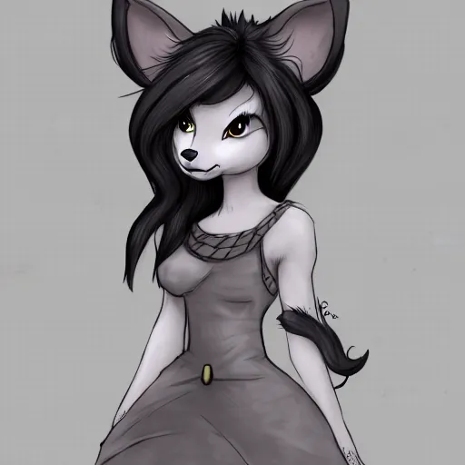 Image similar to headshot of young female furry, D&D, cute, fantasy, intricate, long hair, dark grey skin, mouse face, mouse nose, dark skin, mouse head, mouse ears, black hair, elegant, highly detailed, cartoony, artstation, concept art, smooth, sharp focus, illustration, art by Diives