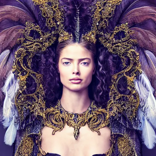 Image similar to 8 5 mm f 1. 8 portrait of a girl that is a mixture between claudia guarnierni and doutzen kroes, she is about 2 5 years old, long curly hair, she is wearing a ornate costume with feathers by iris van herpen, highly detailed, digital painting, artstation, smooth, sharp foccus, artstation hq