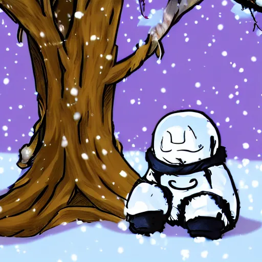 Prompt: Sans from undertale napping under a tree in the snow, deviantart