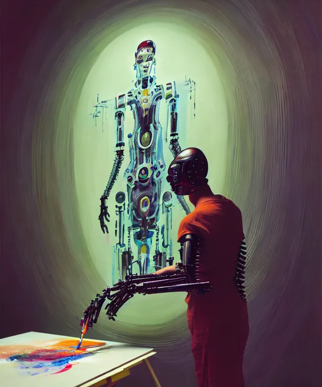 Image similar to photo of futuristic holy futuristic cyborg - robot - painter - artist creating a painting with acrylic paint and brushes in a futuristic artist studio by h. r giger, by, rich deep colors. masterpiece, intricate artwork by tooth wu and wlop and beeple, gaspar noe, james cameron,