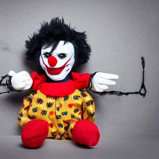 Image similar to freaky scary clown plush wrapped in barbed wire and networking cables against a dark grey silk backdrop