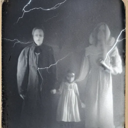 Image similar to spirit photography with glowing bulbous ectoplasm, scary shadow people, couple mourning, sleep paralysis demon, plasma lightning bolts, 1 9 0 0 s, slimer, summoning tall horned demon, mourning family, invoke fear and dread, old photograph, daguerreotype