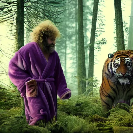 Image similar to a sabretooth tiger walking next to a druid in a purple robe. forest scene. cinematic. epic. octane render. trending.