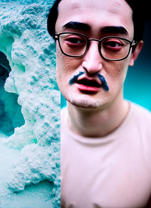 Image similar to Kodak Portra 400, 8K, soft light, volumetric lighting, highly detailed, portrait photo of a Filthy Frank by WLOP, the face emerges from a Pamukkale, thermal waters flowing down white travertine terraces with lotus flowers, inspired by Ophelia paint , blue shirt and hair are intricate with highly detailed realistic beautiful flowers , Realistic, Refined, Highly Detailed, ethereal lighting colors scheme, outdoor fine art photography, Hyper realistic, photo realistic, masterpiece