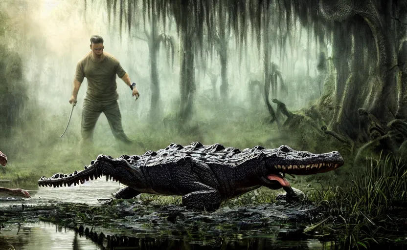 Prompt: a masterpiece of a huge alligator dragging colin farrell into the swamp, cinematic, fantasy, hyper detailed, digital painting, 4 k realistic, trending on artstation, sharp focus, john banovich, photographer art wolfe, light source on left